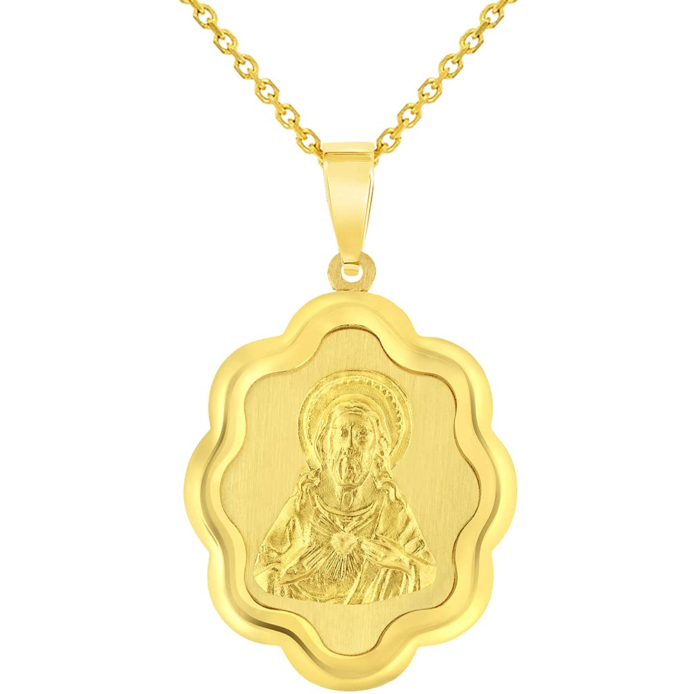 14k Yellow Gold Sacred Heart of Jesus Christ On Elegant Miraculous Medal Pendant Necklace
