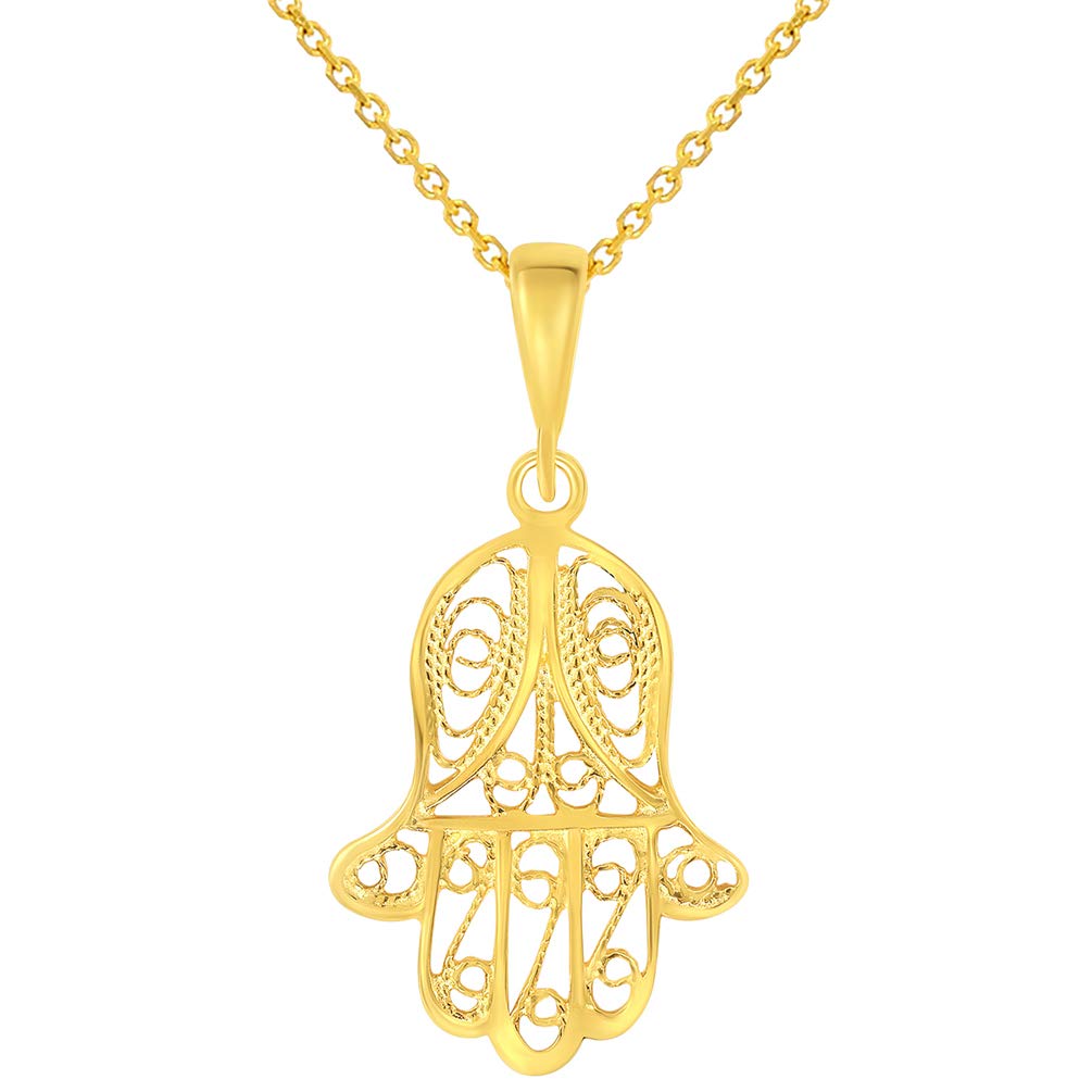 14k Yellow Gold Milgrain Filigree Hamsa Charm Hand of Fatima Pendant Necklace