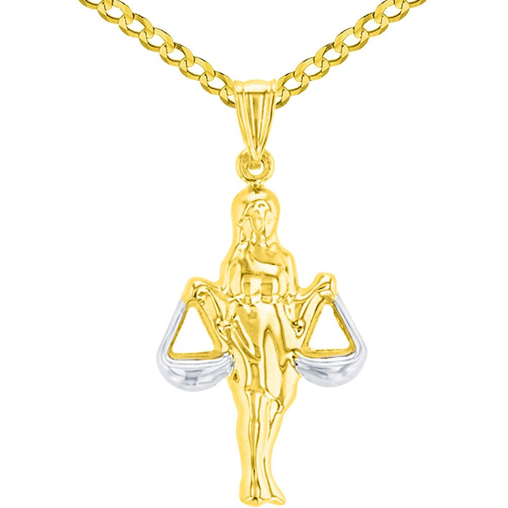 High Polish 14K Yellow Gold Libra Zodiac Sign Charm Holding Scale Pendant Cuban Chain Necklace