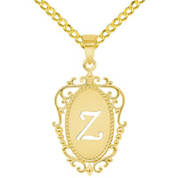 Load image into Gallery viewer, 14k Yellow Gold Elegant Filigree Oval Uppercase Initial Z Script Letter Plate Pendant with Curb Chain Necklace
