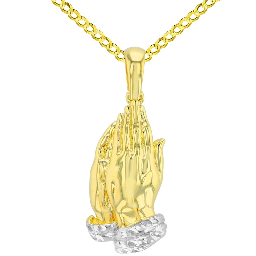 High Polished 14K Yellow Gold Religious Dainty Praying Prayer Hands Pendant with Cuban Necklace