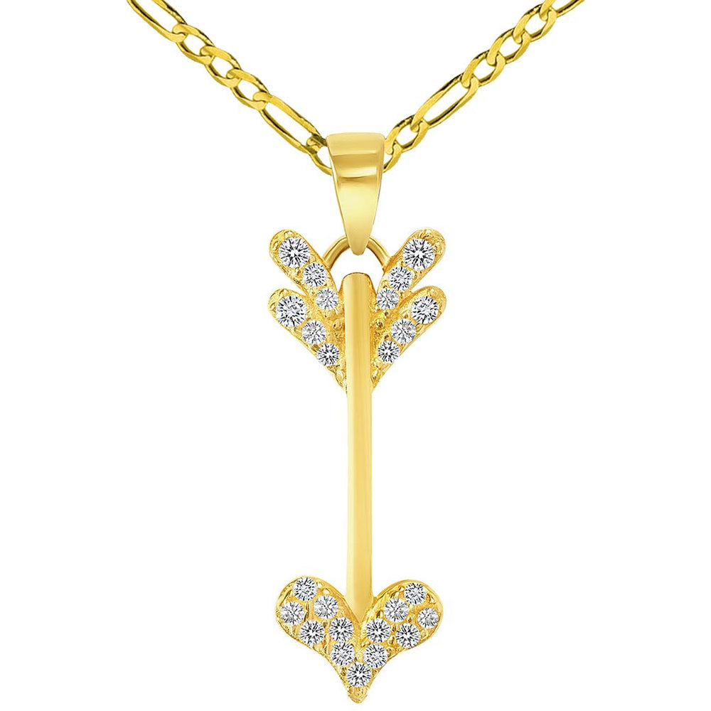 14k Yellow Gold Cubic-Zirconia Reversible Vertical Cupid's Love Arrow Pendant with Figaro Chain Necklace