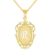 Load image into Gallery viewer, 14k Yellow Gold Elegant Filigree Oval Uppercase Initial R Script Letter Plate Pendant with Cable Chain Necklace
