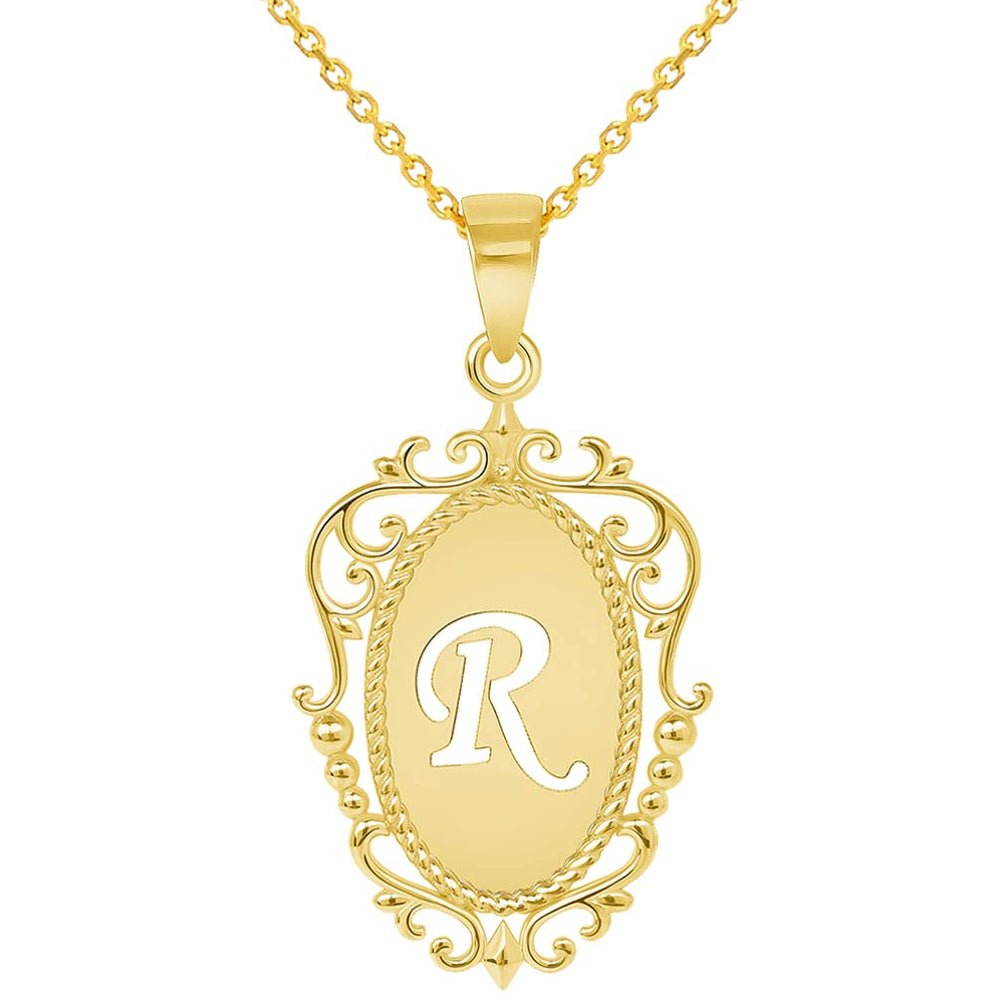 14k Yellow Gold Elegant Filigree Oval Uppercase Initial R Script Letter Plate Pendant with Cable Chain Necklace