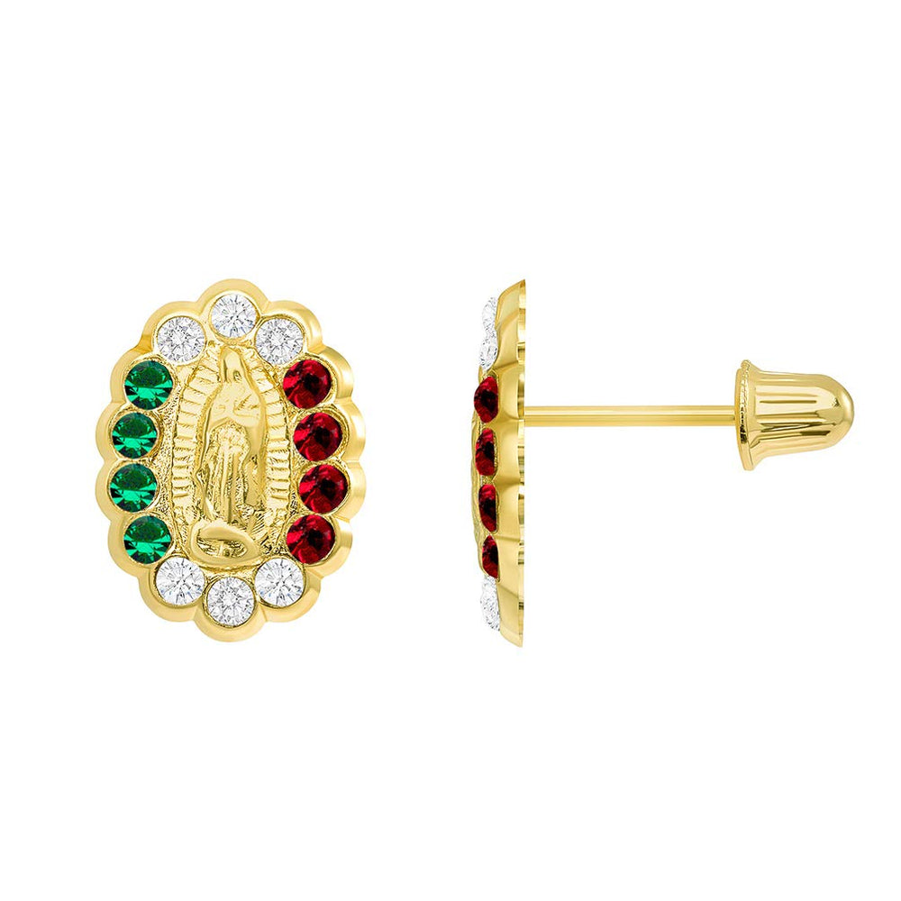 14k Yellow Gold Green, Red, and White Cubic Zirconia Miraculous Our Lady Of Guadalupe Stud Earrings with Screw Back