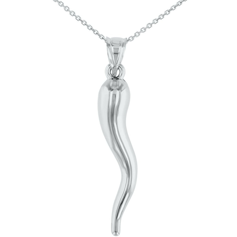 14K White Gold Polished Large Cornicello Horn Pendant with Chain Necklace