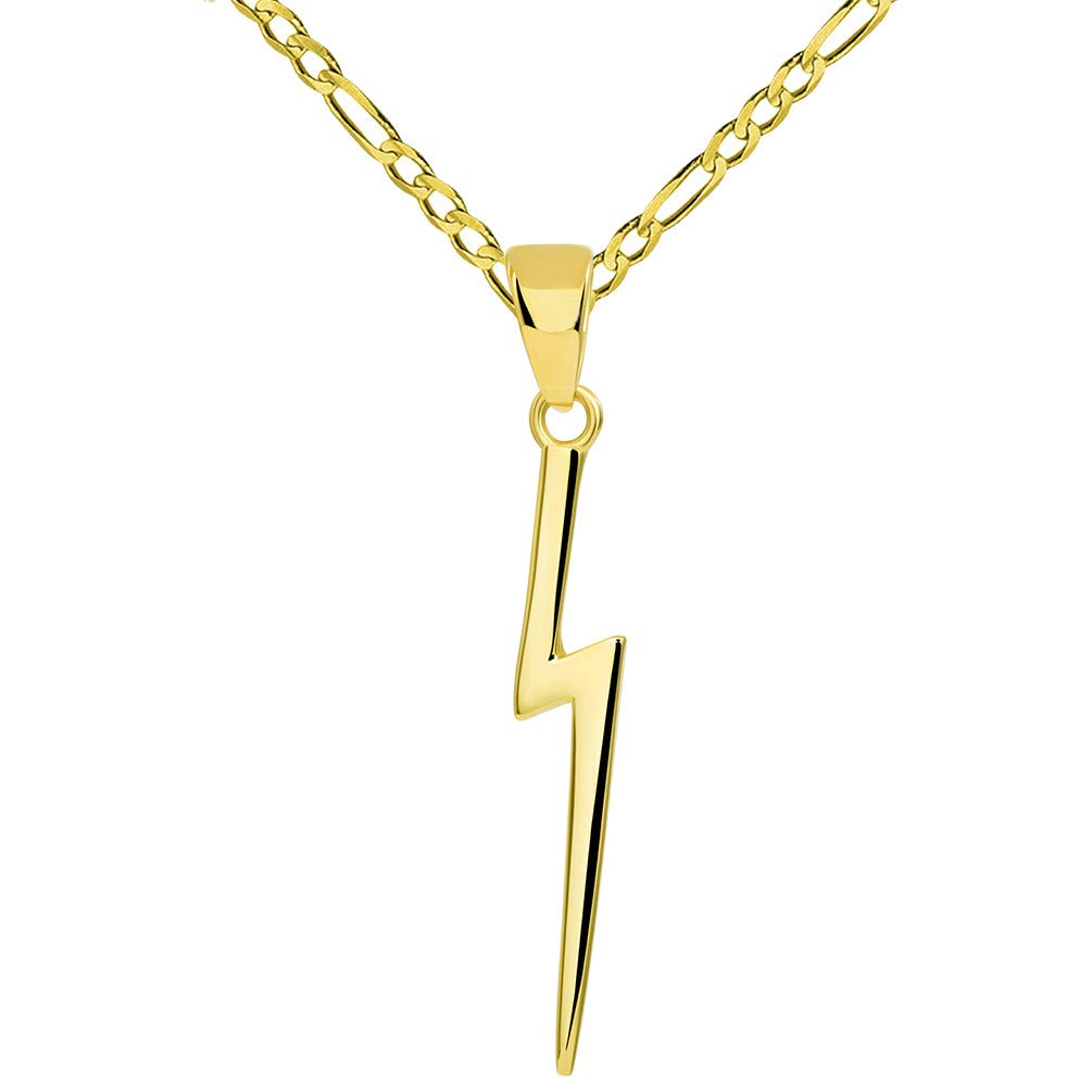 Solid 14k Gold Lightning Bolt Pendant with Figaro Chain Necklace - Yellow Gold