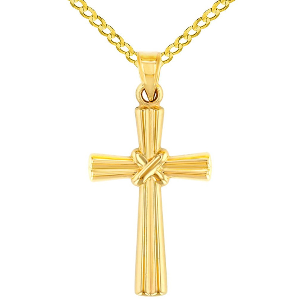 14K Yellow Gold Polished Ribbed Cross with Knot Pendant Necklace