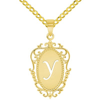 Load image into Gallery viewer, 14k Yellow Gold Elegant Filigree Oval Uppercase Initial Y Script Letter Plate Pendant with Curb Chain Necklace
