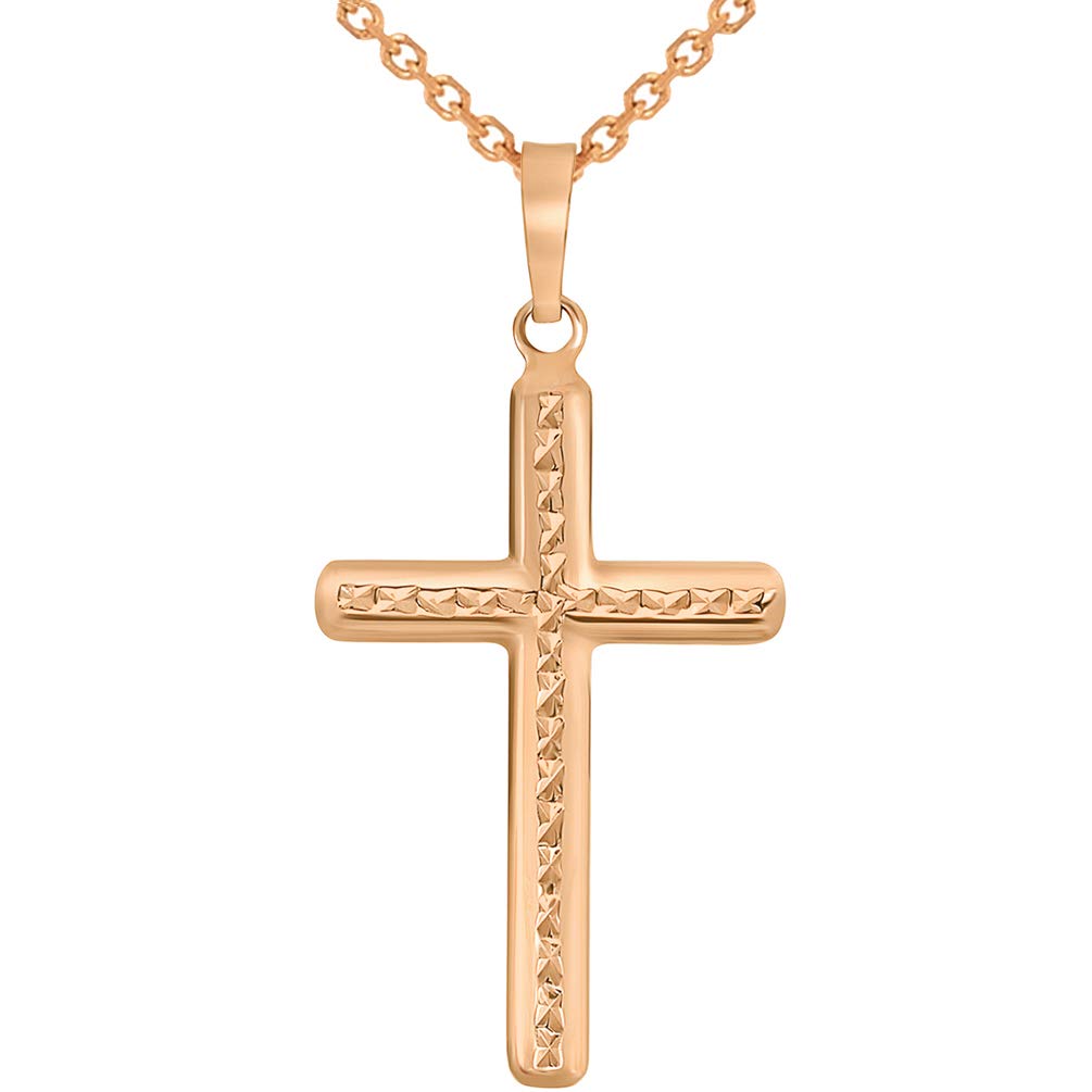14k Rose Gold Textured Religious Classic Cross Pendant Necklace with Rolo Cable Chain