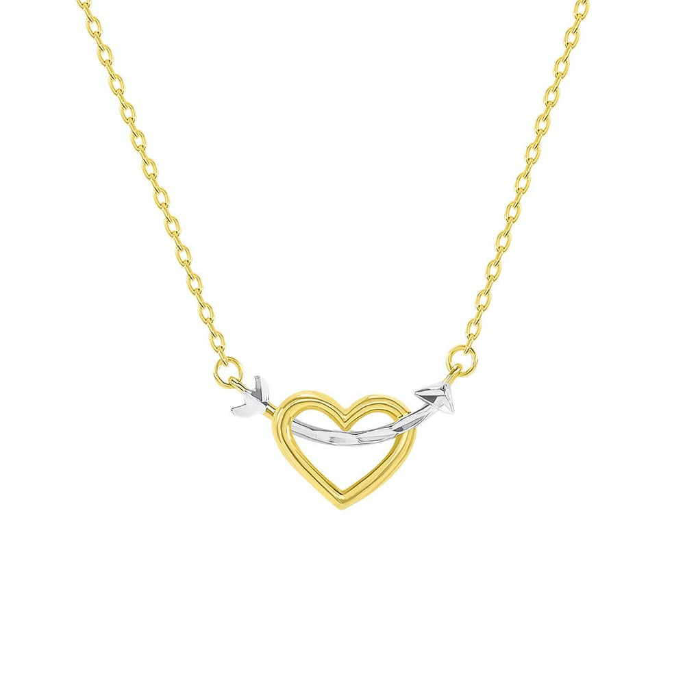 14k Yellow Gold Curved Love Arrow Through Open Heart Necklace with Lobster Claw Clasp