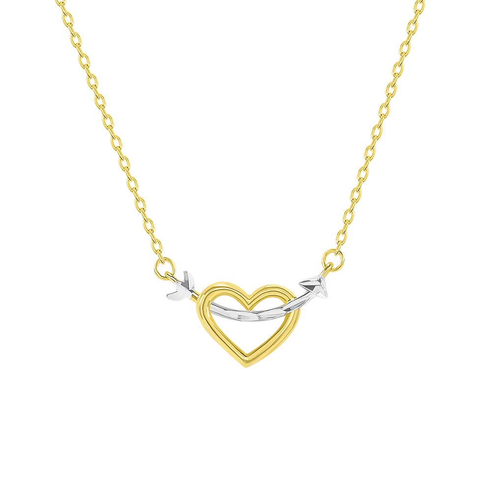 14k Yellow Gold Curved Love Arrow Through Open Heart Necklace with Lobster Claw Clasp