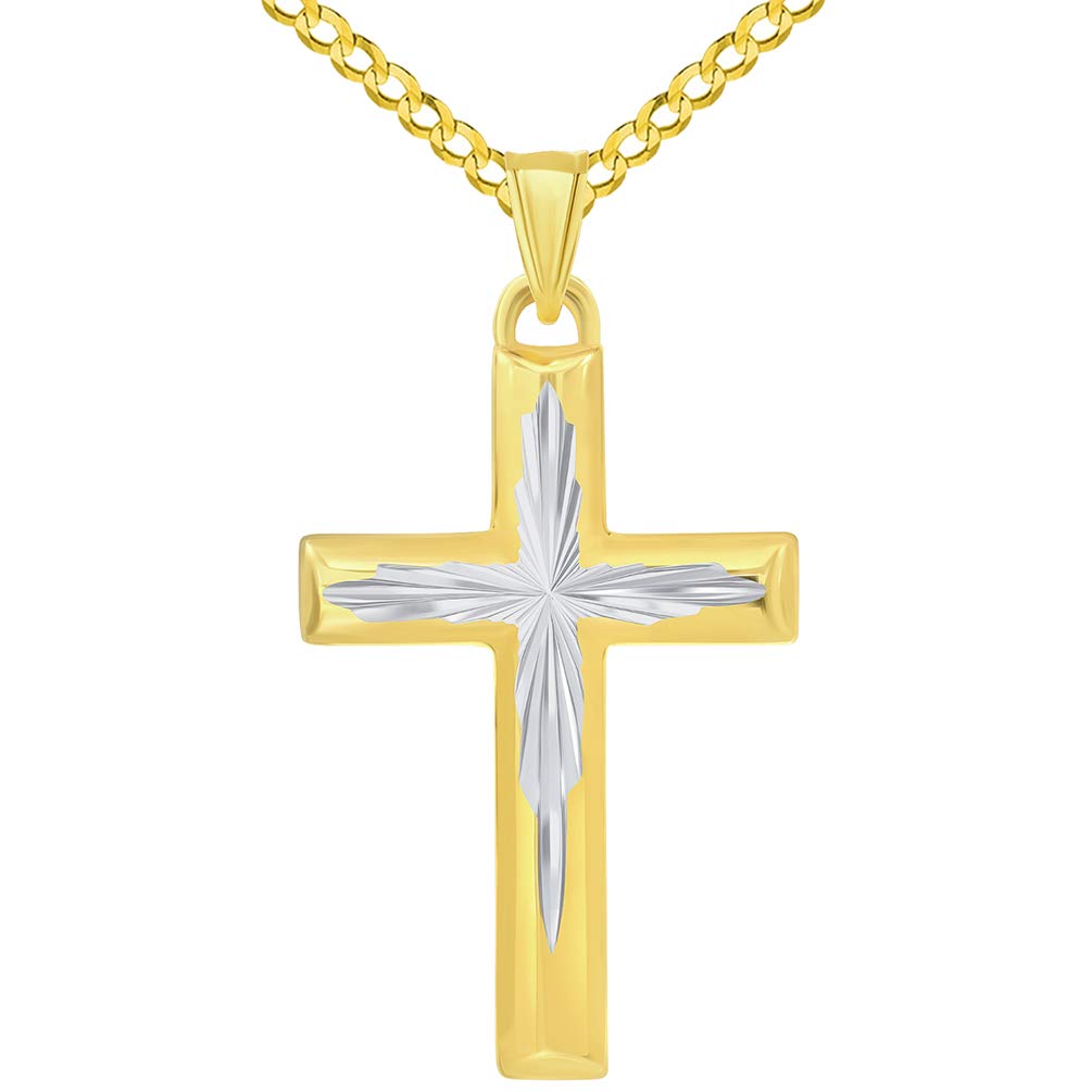 14k Yellow Gold Elegant Textured Two-Tone Religious Cross Pendant with Cuban Curb Chain Necklace