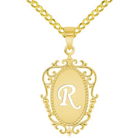 Load image into Gallery viewer, 14k Yellow Gold Elegant Filigree Oval Uppercase Initial R Script Letter Plate Pendant with Curb Chain Necklace
