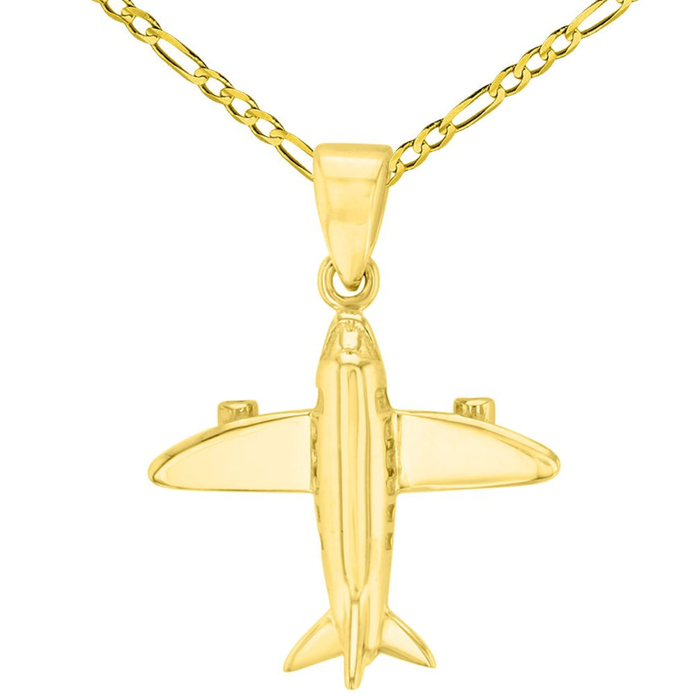 14K Solid Yellow Gold 3D Airplane Charm Jet Aircraft Pendant with Figaro Chain Necklace