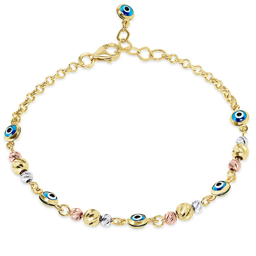 14k Tri-Color Gold Textured Bead Blue Evil Eye Bracelet 6"+1" Extender