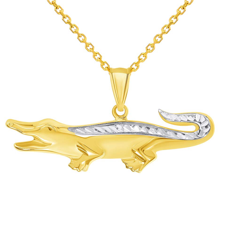 14k Yellow Gold Textured Two Tone Alligator Reptile Animal Pendant Necklace
