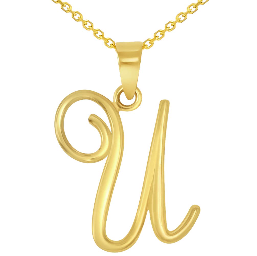 14k Yellow Gold Elegant Script Letter U Cursive Initial Pendant Necklace