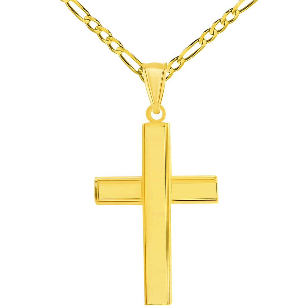 14k Yellow Gold High Polished Plain Religious Cross Pendant with Figaro Chain Necklace