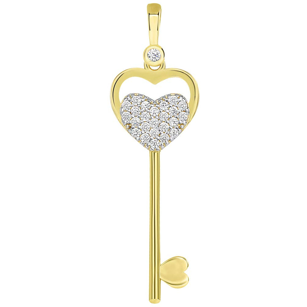 14k Yellow Gold Double Heart Love Key Pendant with Cubic Zirconia Gemstones
