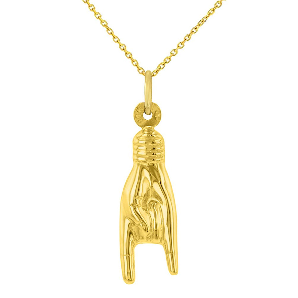 14K Yellow Gold Hand Charm Mano Cornuto Good Luck Sign Pendant Necklace