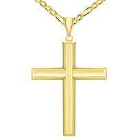 Load image into Gallery viewer, 14k Yellow Gold Plain &amp; Simple Religious High Polish Cross Pendant Necklace with Figaro Chain
