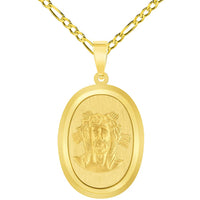 Load image into Gallery viewer, 14k Yellow Gold Holy Face of Jesus Christ On Oval Miraculous Medal Pendant with Figaro Chain Necklace
