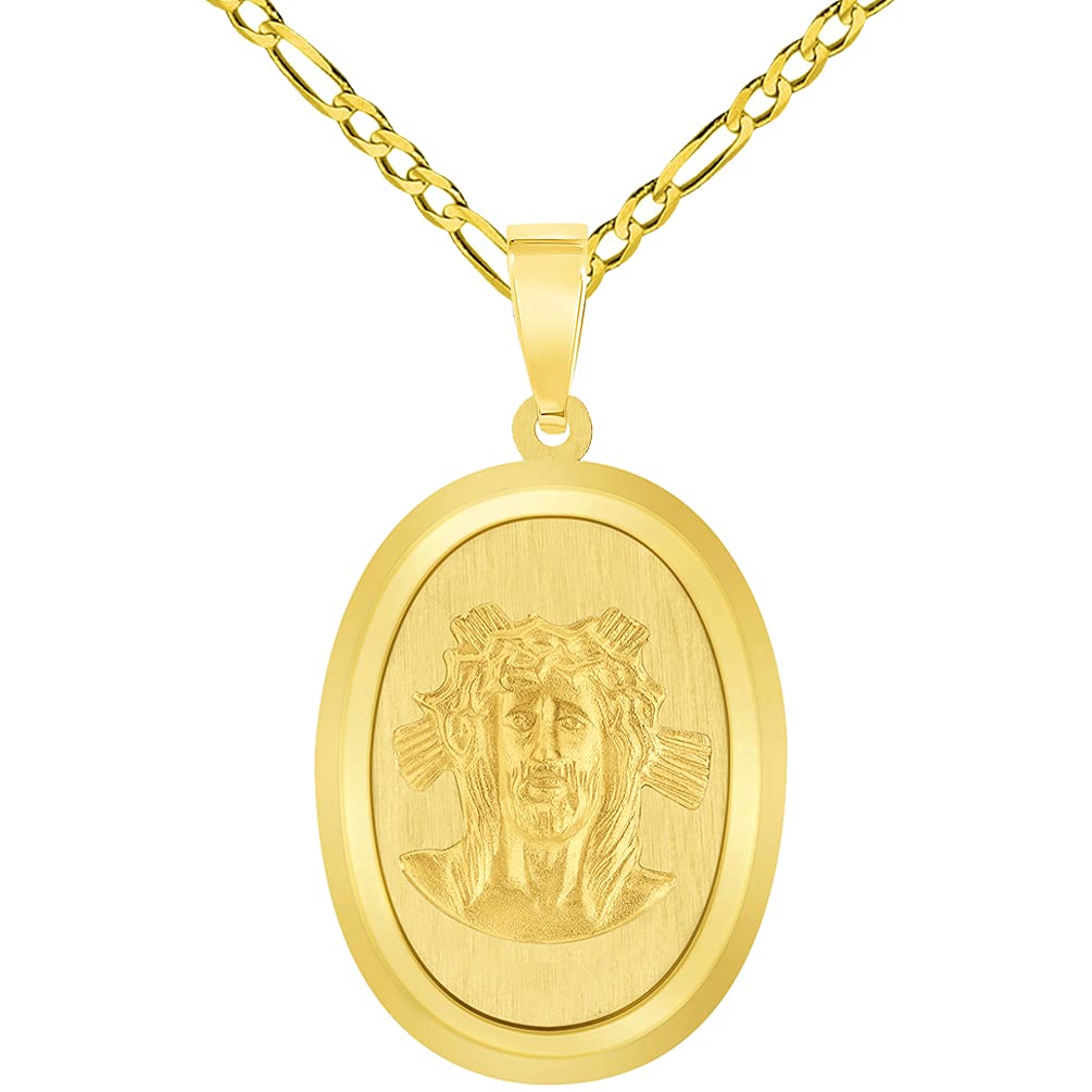 14k Yellow Gold Holy Face of Jesus Christ On Oval Miraculous Medal Pendant with Figaro Chain Necklace