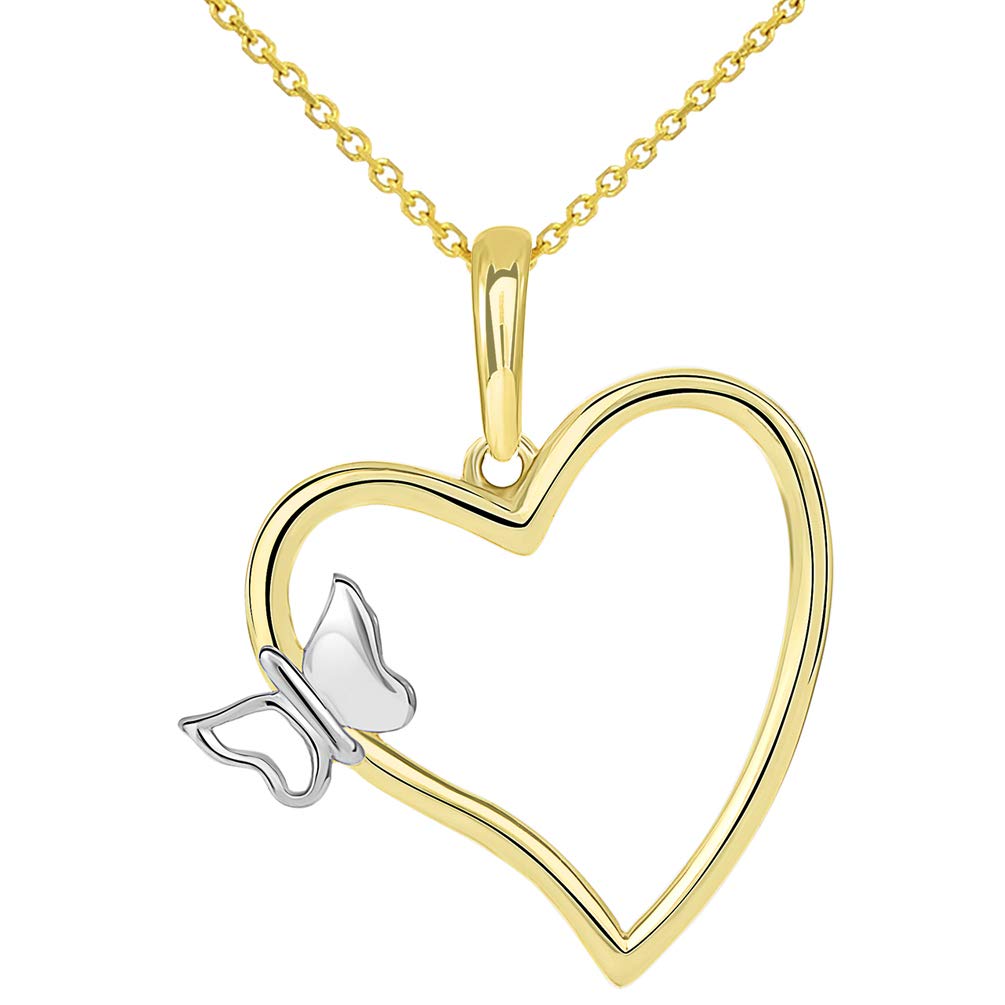 14k Yellow Gold Open Heart with Butterfly Pendant Rolo Chain Necklace