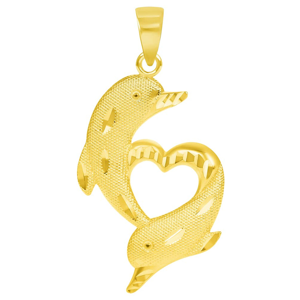 14k Yellow Gold Textured Dolphin Heart Pendant