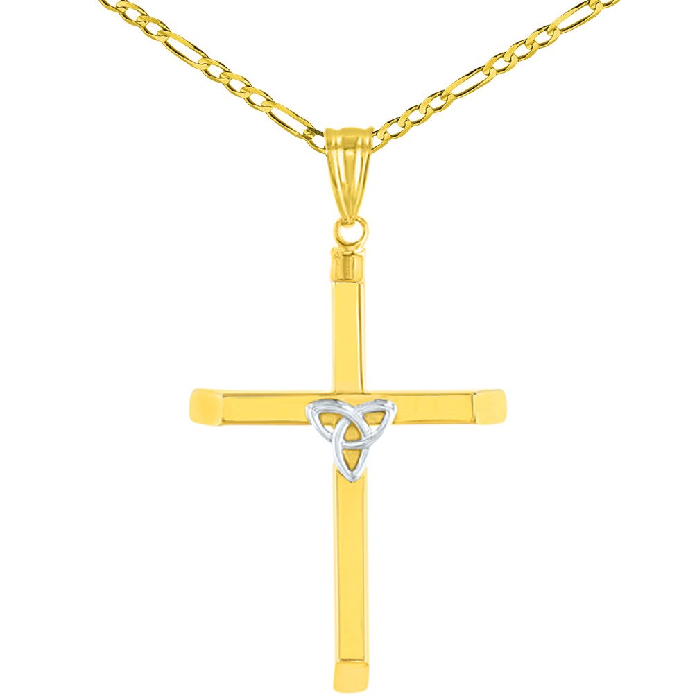 14K Two Tone Gold Plain Celtic Trinity Cross with Triquetra Symbol Pendant Figaro Chain Necklace