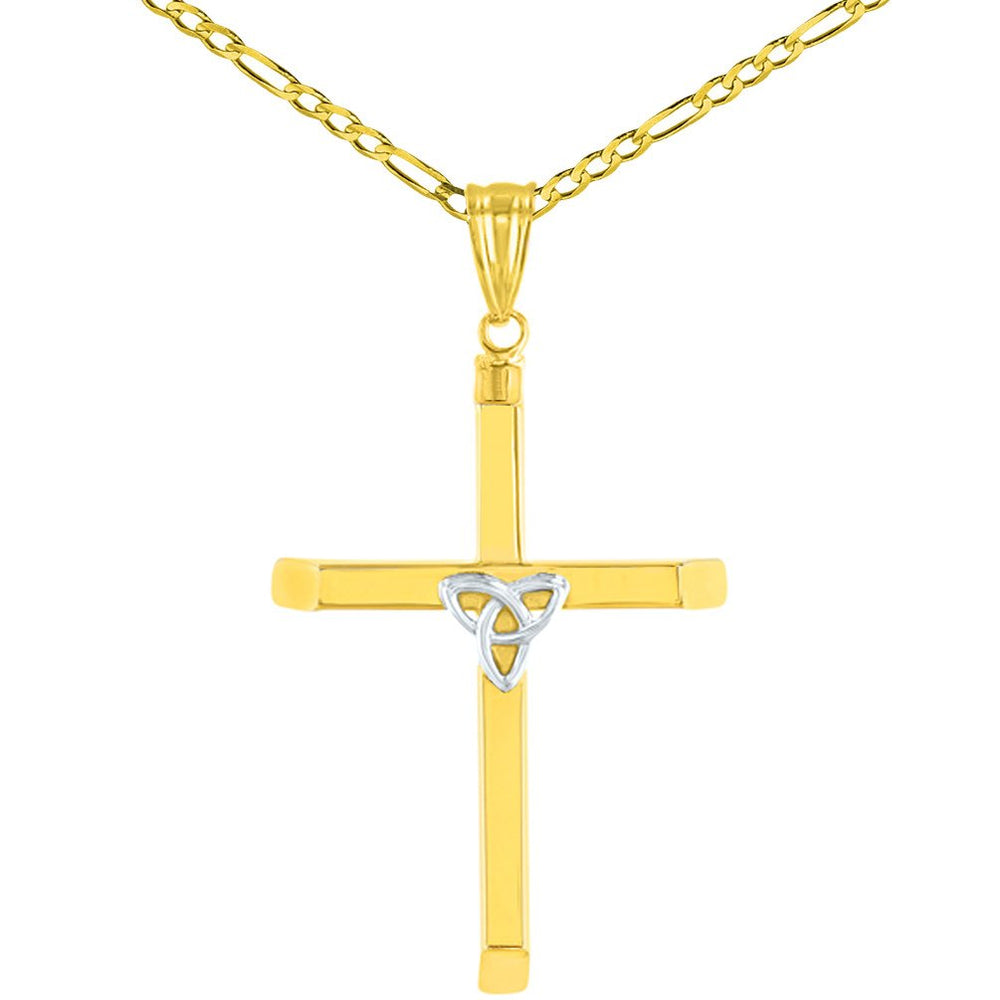 14K Gold Plain Celtic Trinity Cross with Triquetra Symbol Pendant Figaro Chain Necklace - Two Tone Gold