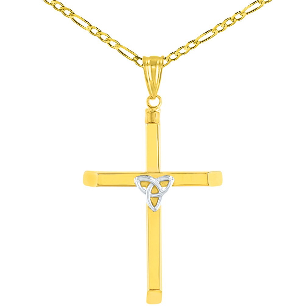 14K Gold Plain Celtic Trinity Cross with Triquetra Symbol Pendant Figaro Chain Necklace - Two Tone Gold