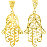 Load image into Gallery viewer, Solid 14K Yellow Gold Filigree Hamsa Charm Textured Hand of God Pendant Figaro Chain Necklace
