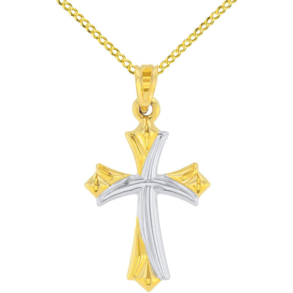 14k Yellow Gold Fleur de Lis Cross Charm Pendant Necklace with Cuban Concave Chain
