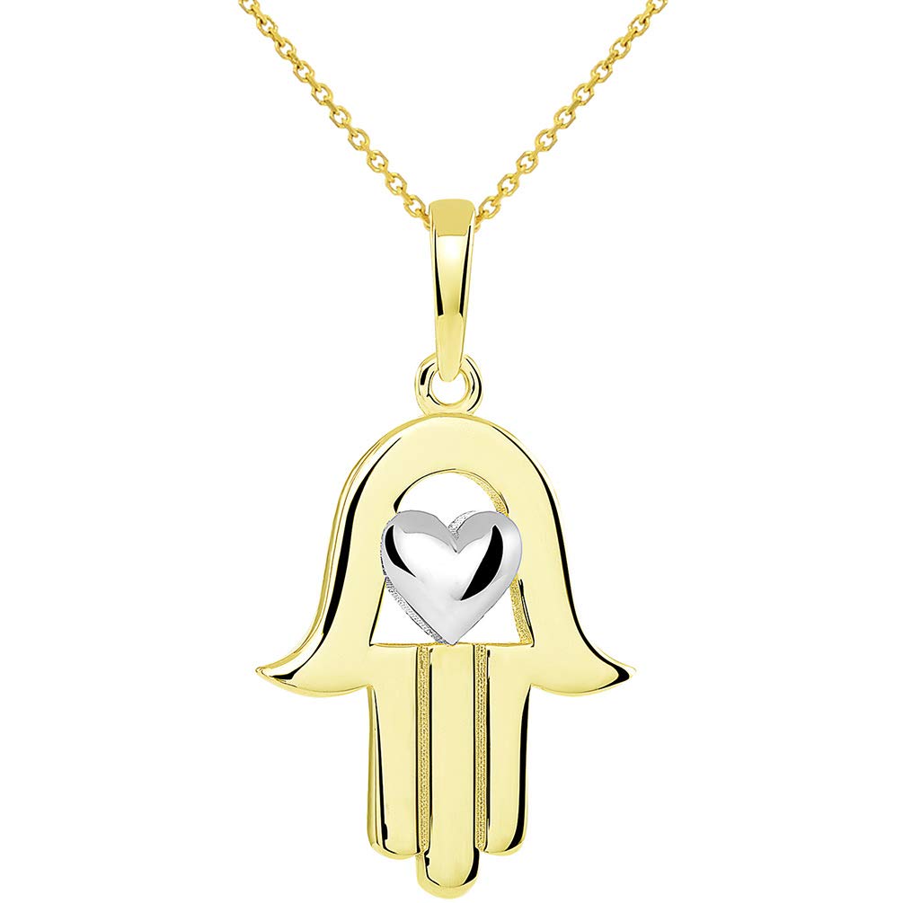 14k Yellow Gold Two-Tone Hamsa Hand of Fatima with Heart Pendant Necklace