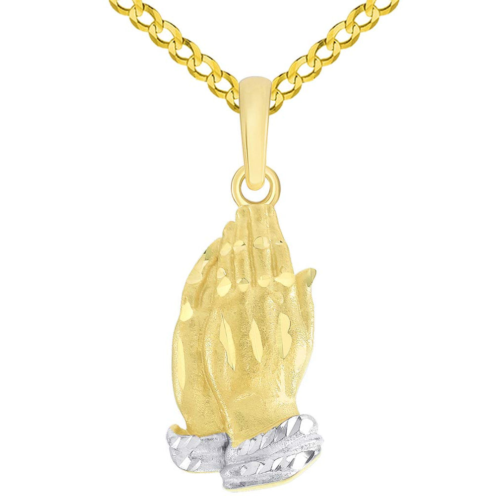 14k Yellow Gold Textured Praying Two-Tone Prayer Hands Charm Pendant with Curb Chain Necklace