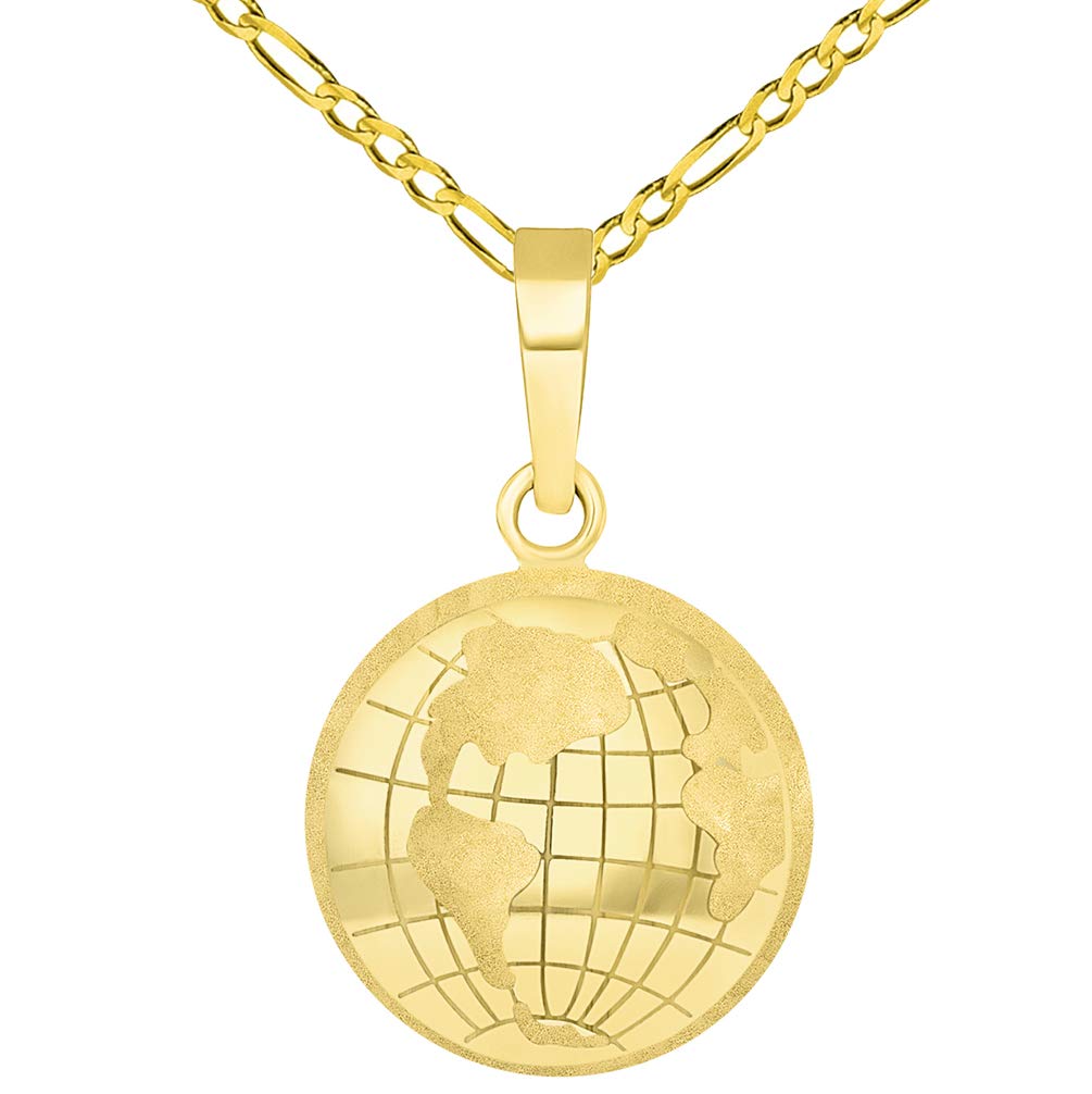 14k Yellow Gold Longitude and Latitude World Map Pendant with Figaro Chain Necklace