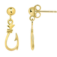 Load image into Gallery viewer, Solid 14k Yellow Gold Dangling 3D Fish Hook Dangle Earrings with Friction Back (Small)
