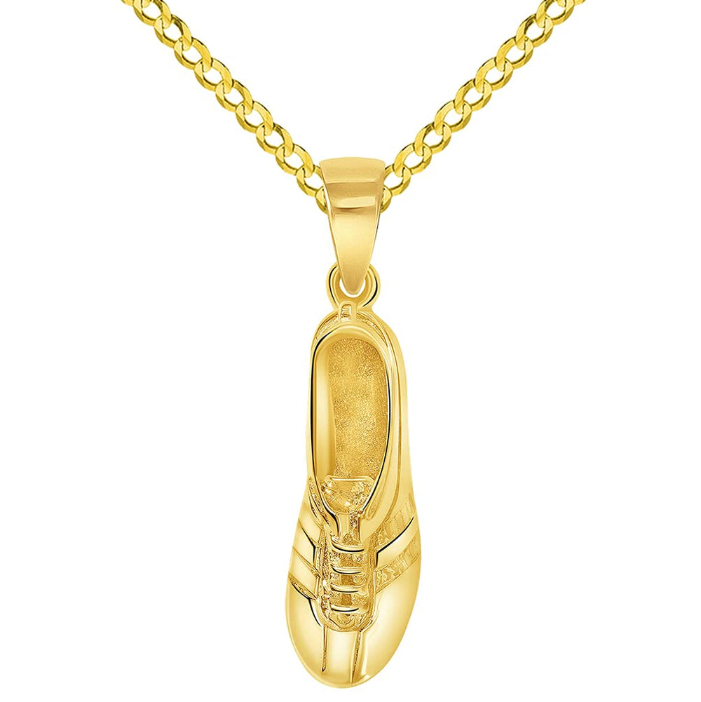 Solid 14k Yellow Gold 3D Soccer Cleet Shoe Charm Football Sports Pendant with Cuban Curb Chain Necklace