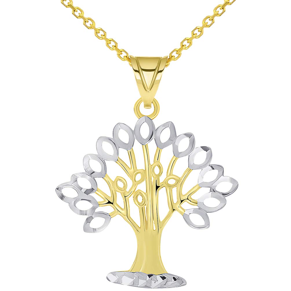 14k Yellow Gold Solid and Textured Tree of Life Two-Tone Pendant Necklace with Cable, Curb, or Figaro Chain