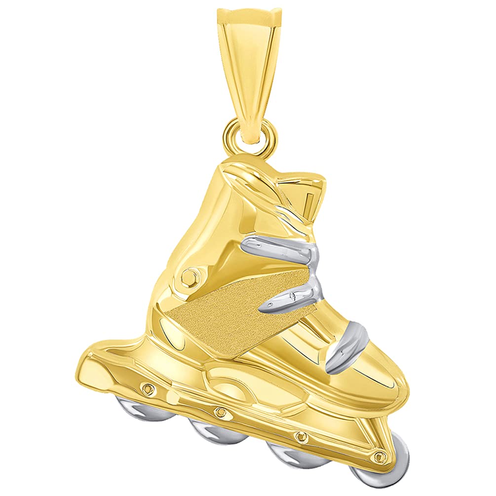 High Polish 14k Yellow Gold 3D Roller Skate Two-Tone Inline Roller Blade Pendant