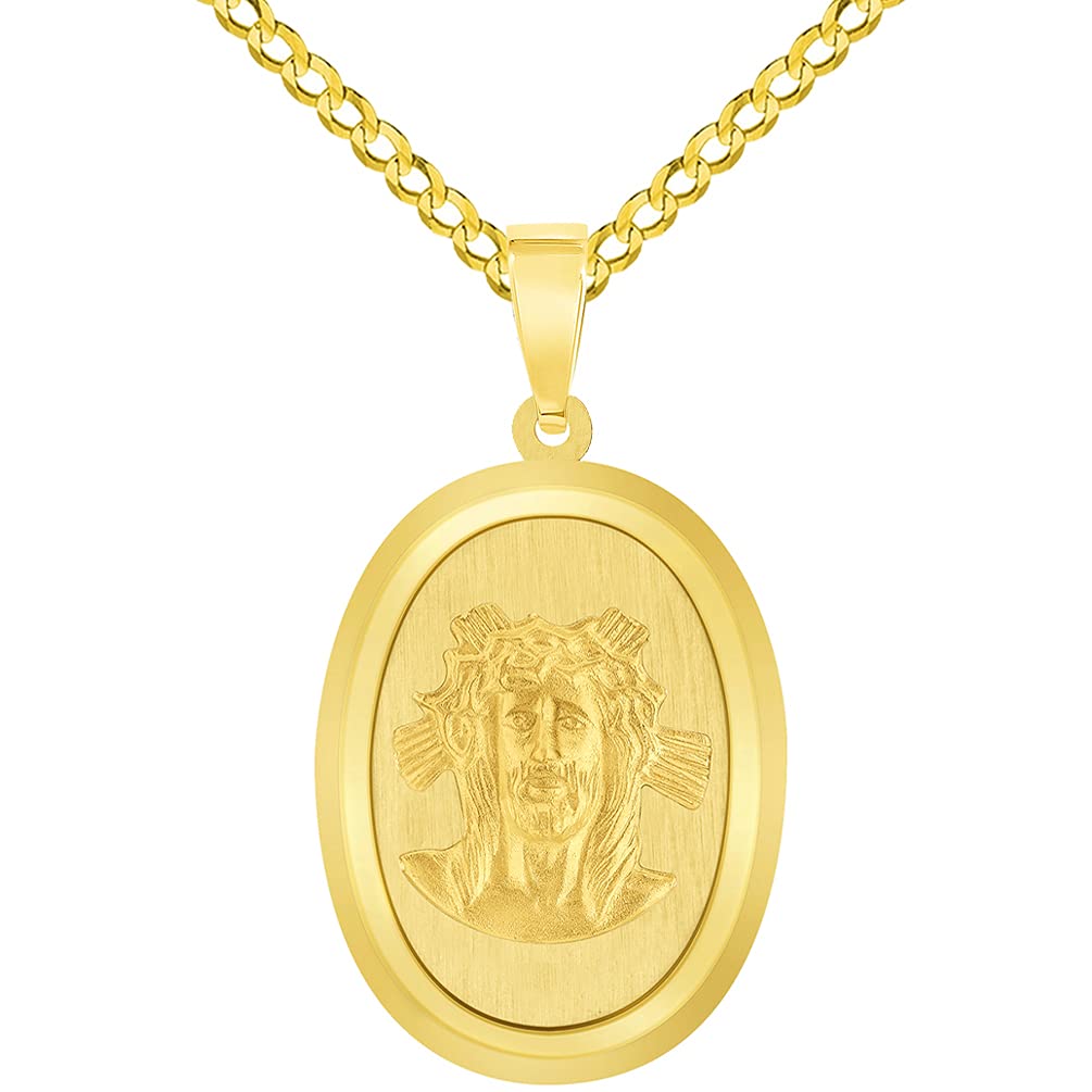 14k Yellow Gold Holy Face of Jesus Christ On Oval Miraculous Medal Pendant with Cuban Chain Curb Necklace