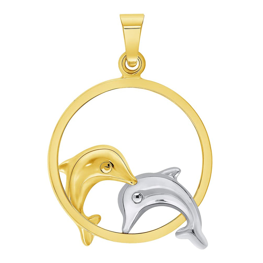 14k Yellow and White Gold Two Dolphins Jumping Through Hoop Pendant