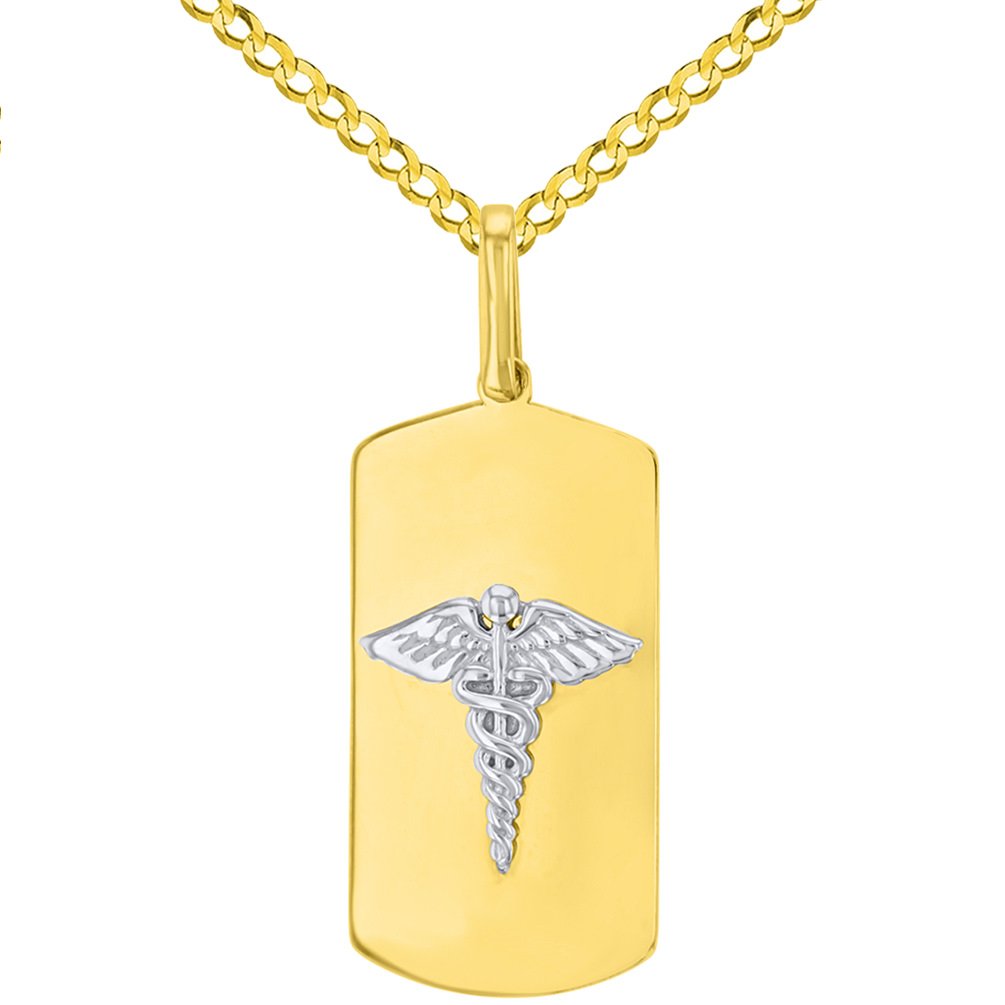 Solid 14K Two Tone Gold Caduceus Charm Medical Symbol Pendant with Cuban Chain Necklace