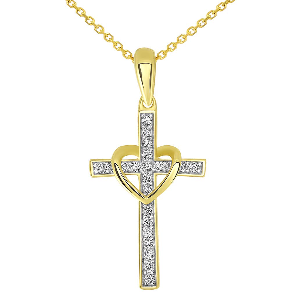 14k Yellow Gold Cubic Zirconia Studded Heart Cross Pendant Necklace