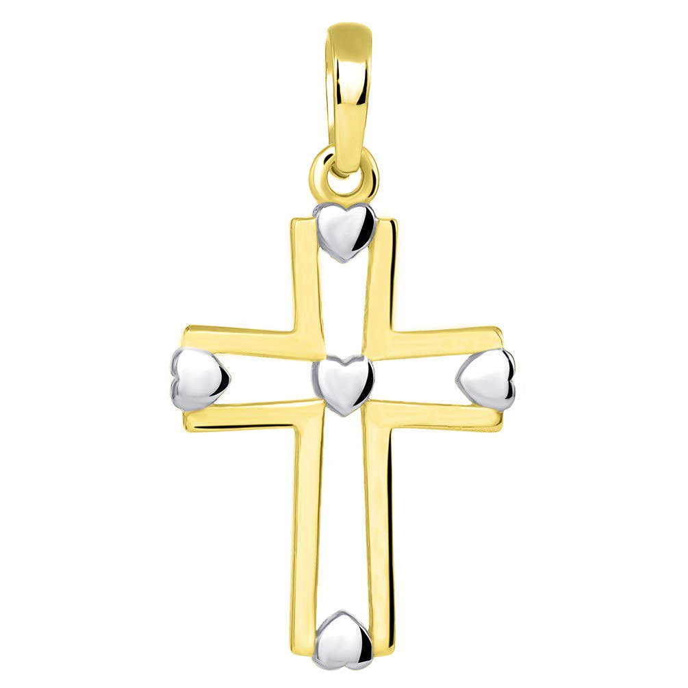 14k Yellow Gold Two Tone Open Christian Cross Heart Pendant