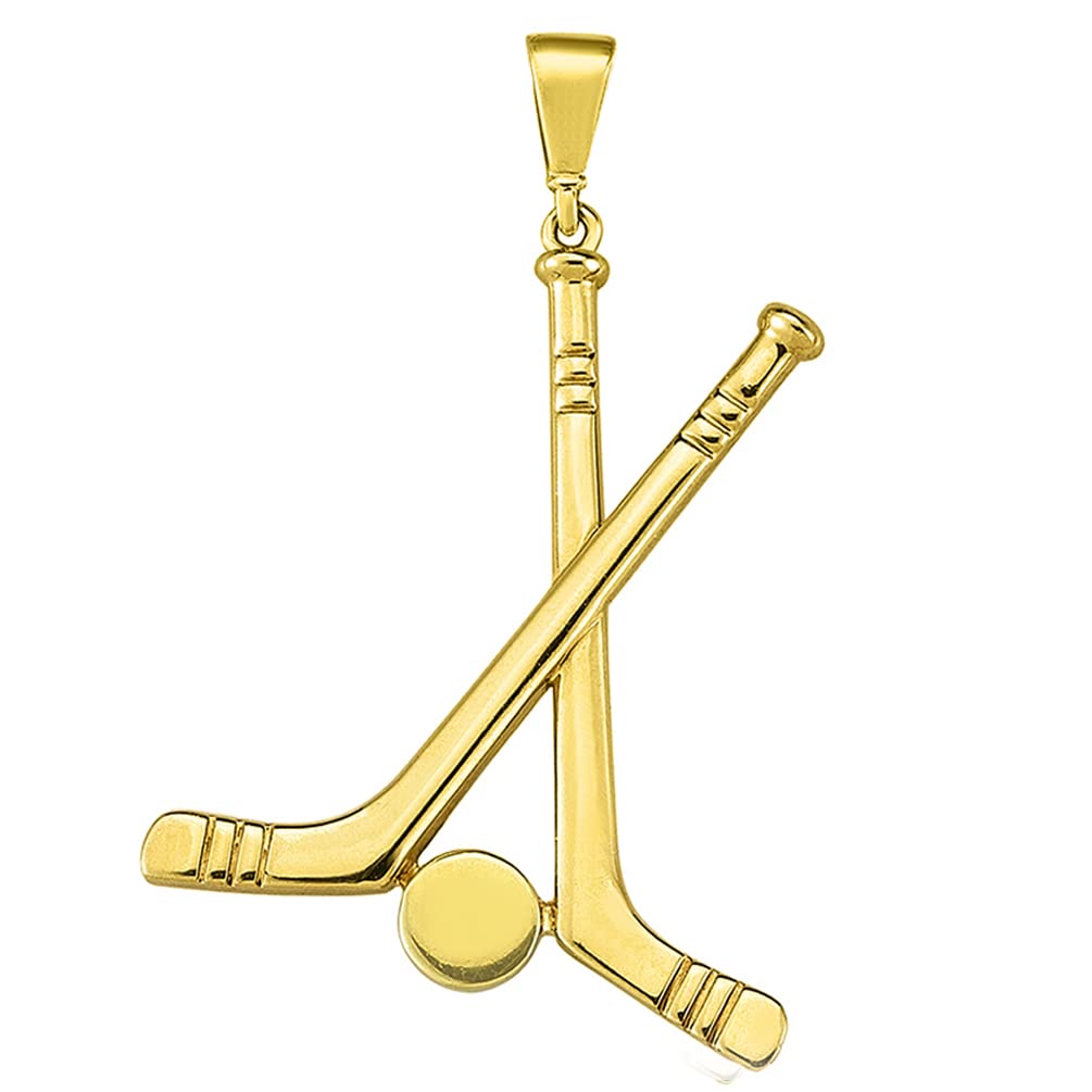 14k Yellow Gold Two Hockey Sticks with Puck Sports Pendant
