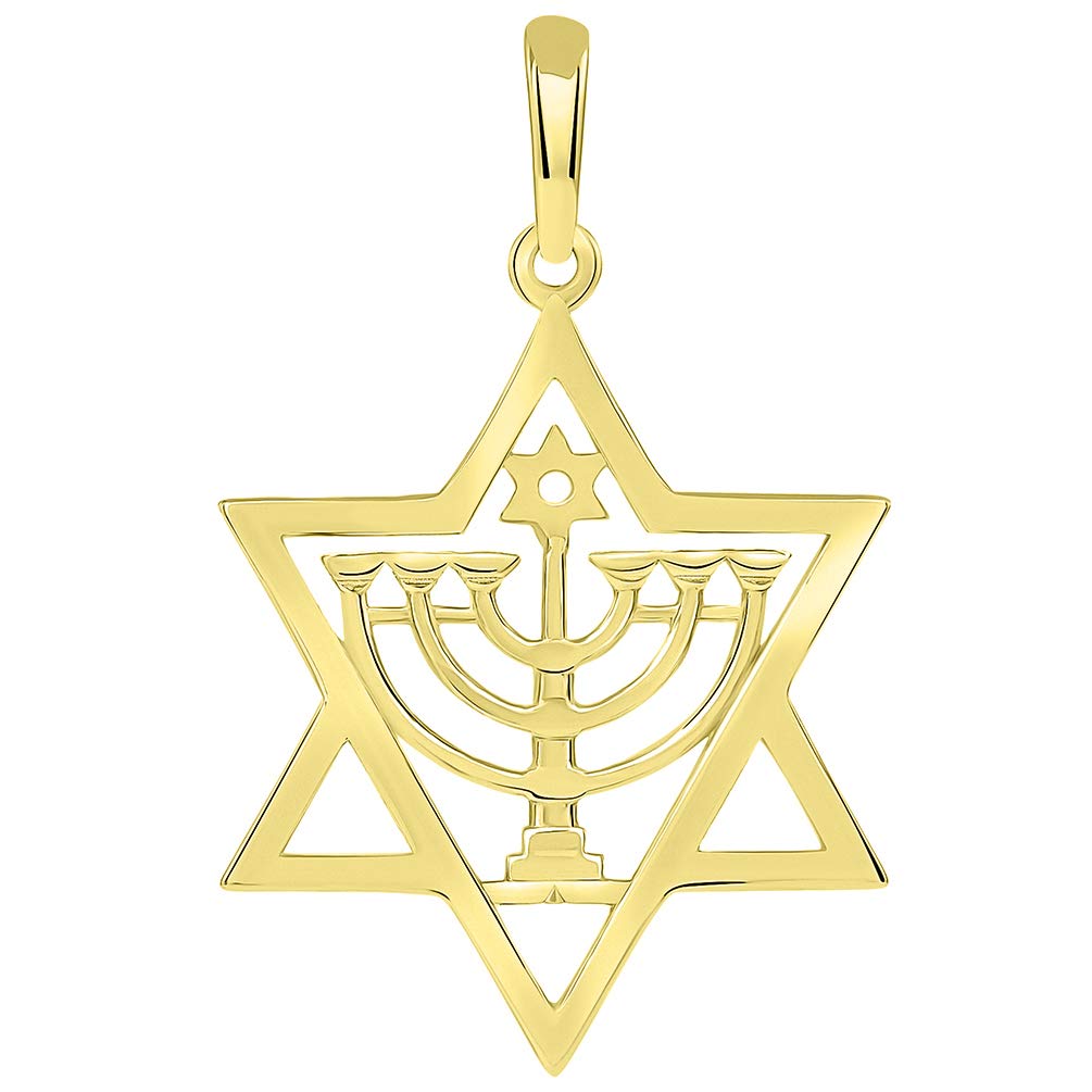 Solid 14k Yellow Gold Jewish Star of David with Menorah Pendant