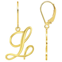 Load image into Gallery viewer, Solid 14k Yellow Gold Elegant Script Letter Cursive Initial Dangle Drop Earrings with Leverback - A to Z
